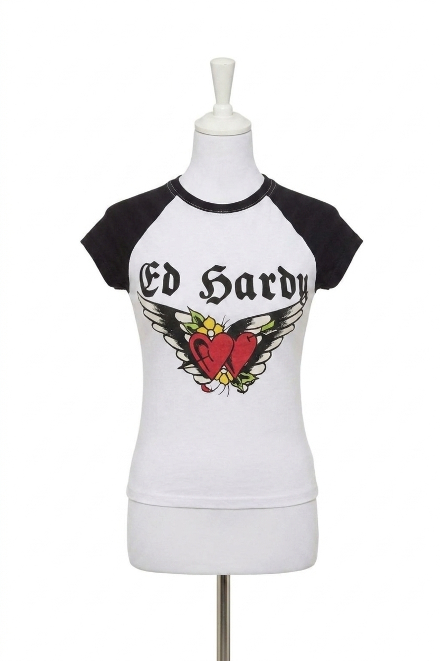 NEW ED HARDY heart wings raglan cap sleeve tee in black/white